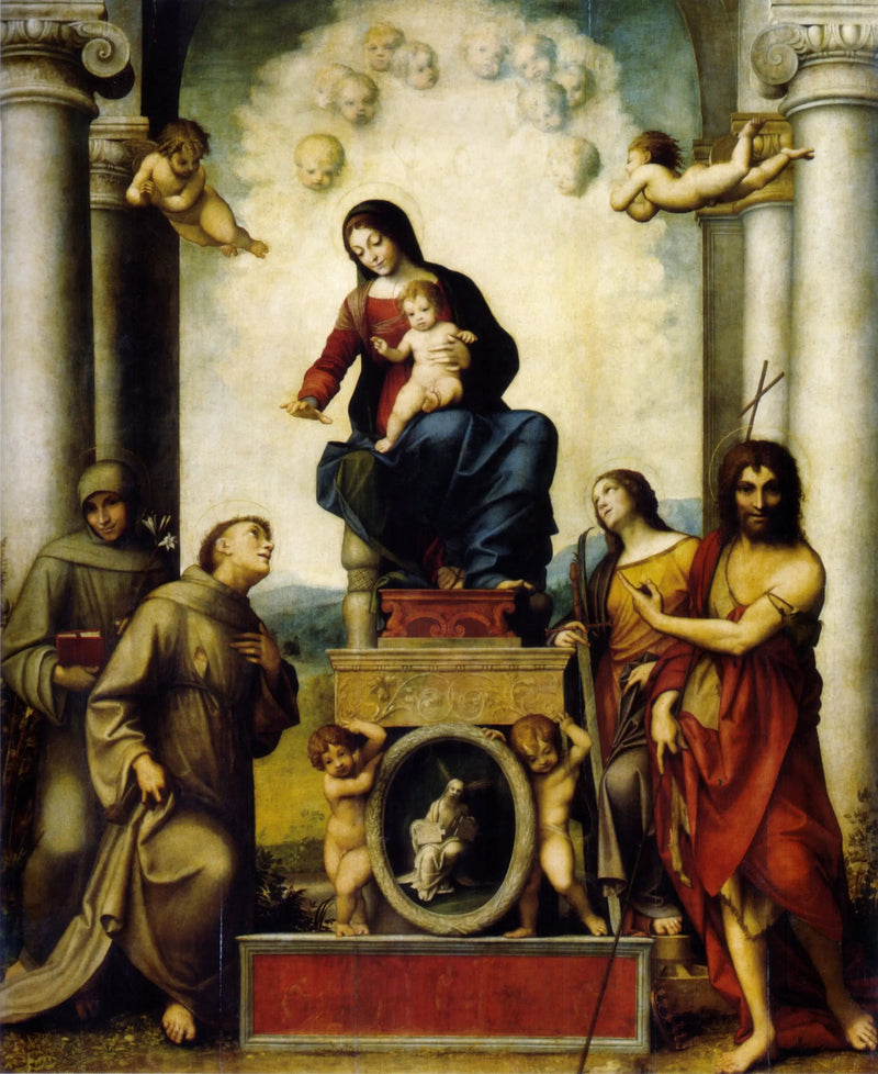 Jomfru med barnet med Saint Frans - Antonio da Correggio