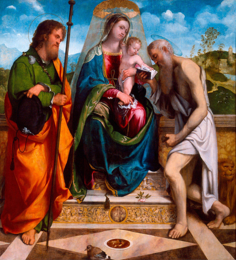Jomfru med barnet med Sankt Jakob den Ældre og Sankt Jerome - Alessandro Bonvicino