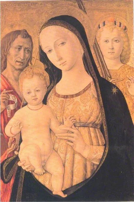 Jomfru med barnet med Sankt Johannes Døberen og Sankt Mikael ærkeengel - Matteo di Giovanni