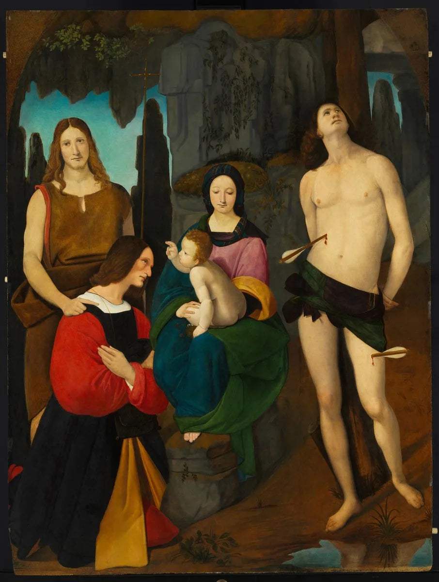 Vierge à l'Enfant avec saint Jean-Baptiste, saint Sébastien et le donateur Bassiano Da Ponte - Giovanni Antonio Boltraffio image 1 reproduction artisanale de tableau