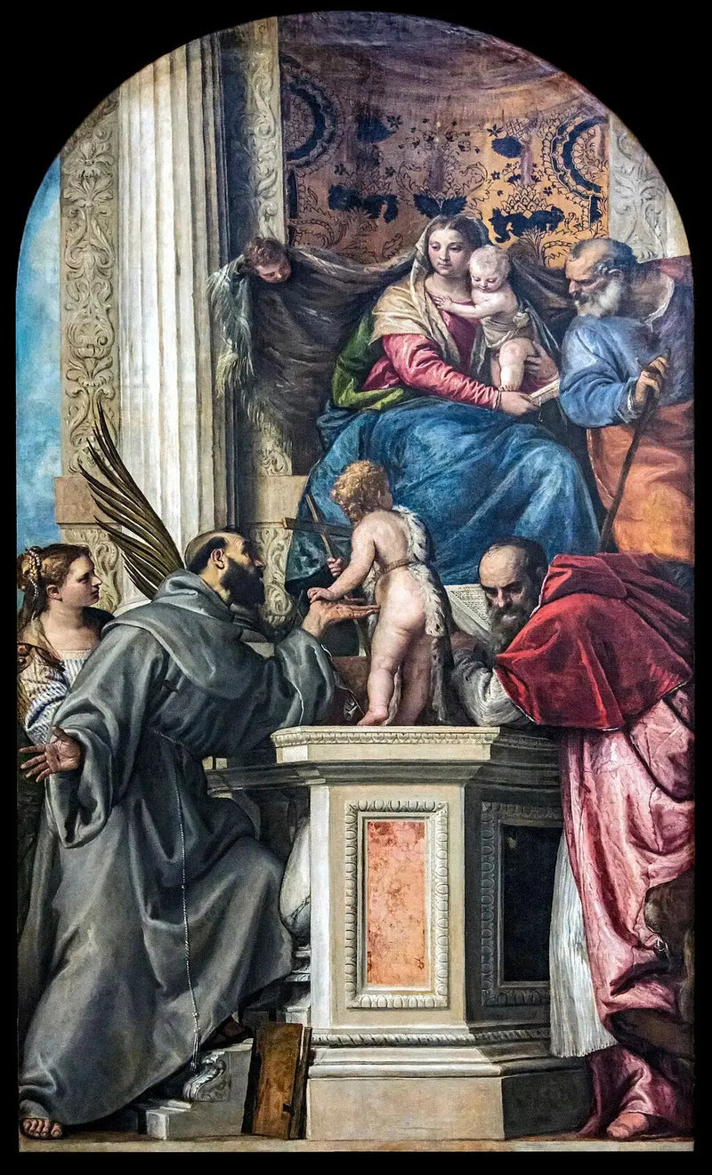 Jomfru med barnet med Sankt Josef, Justina af Padua, Frans af Assisi, Johannes Døberen som barn og Sankt Jerome. - Paul Véronèse