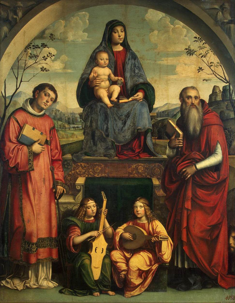 Jomfru med barnet med Saint Laurent, Saint Jerome og to engle, der spiller musik - Francesco Francia