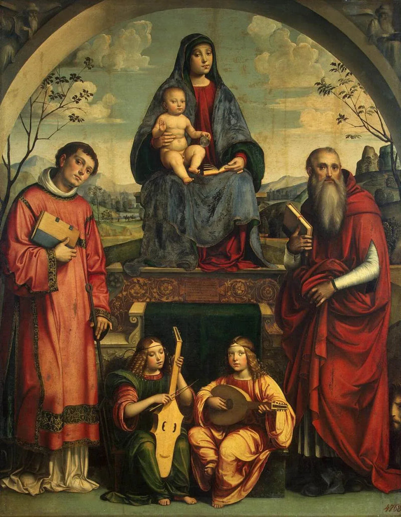 Jomfru med barnet med Saint Laurent, Saint Jerome og to engle, der spiller musik - Francesco Francia