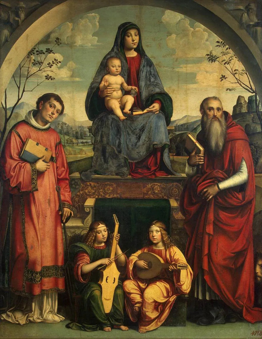 Jomfru med barnet med Saint Laurent, Saint Jerome og to engle, der spiller musik - Francesco Francia