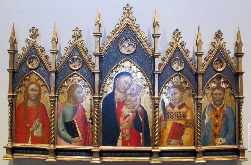 Jomfru med barnet, med hellig Marie-Magdalena, hellig Jakob den Ældre, hellig Stefan og en biskop. - Allegretto Nuzi