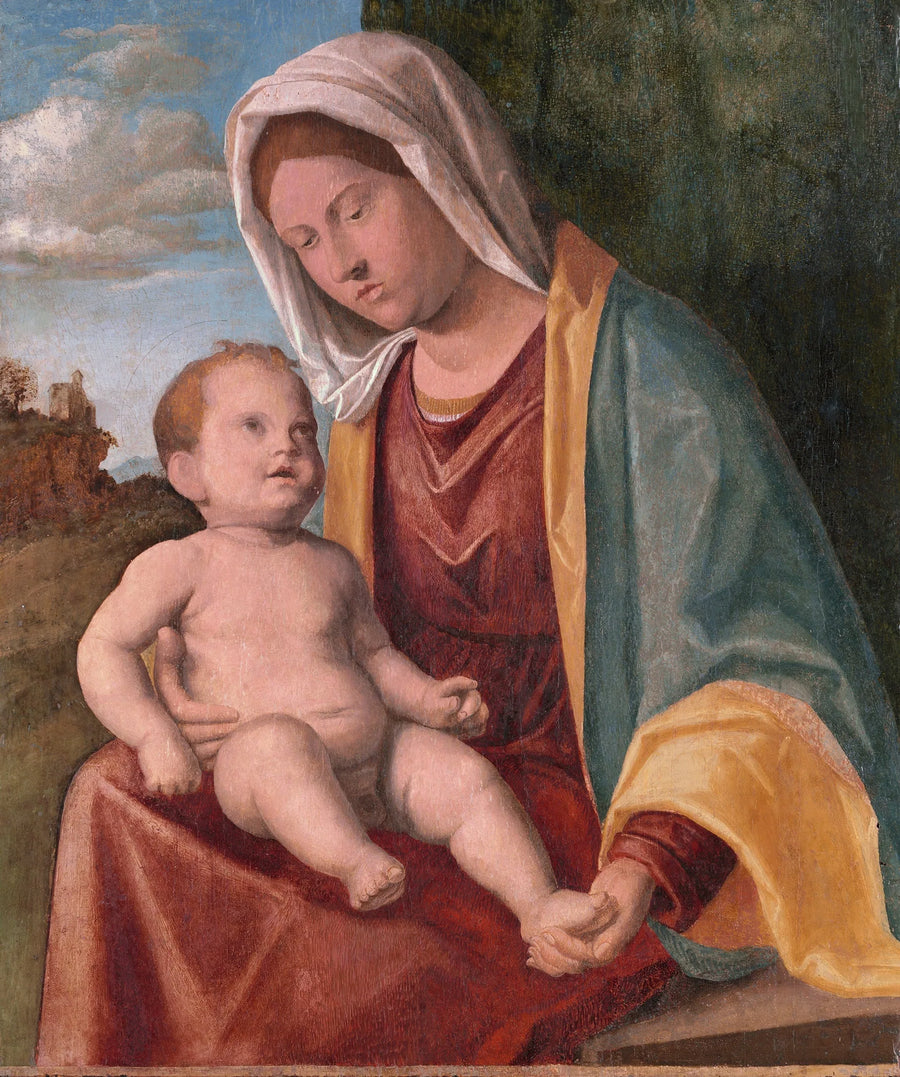 Jomfru med barnet foran et draperet landskab - Cima da Conegliano