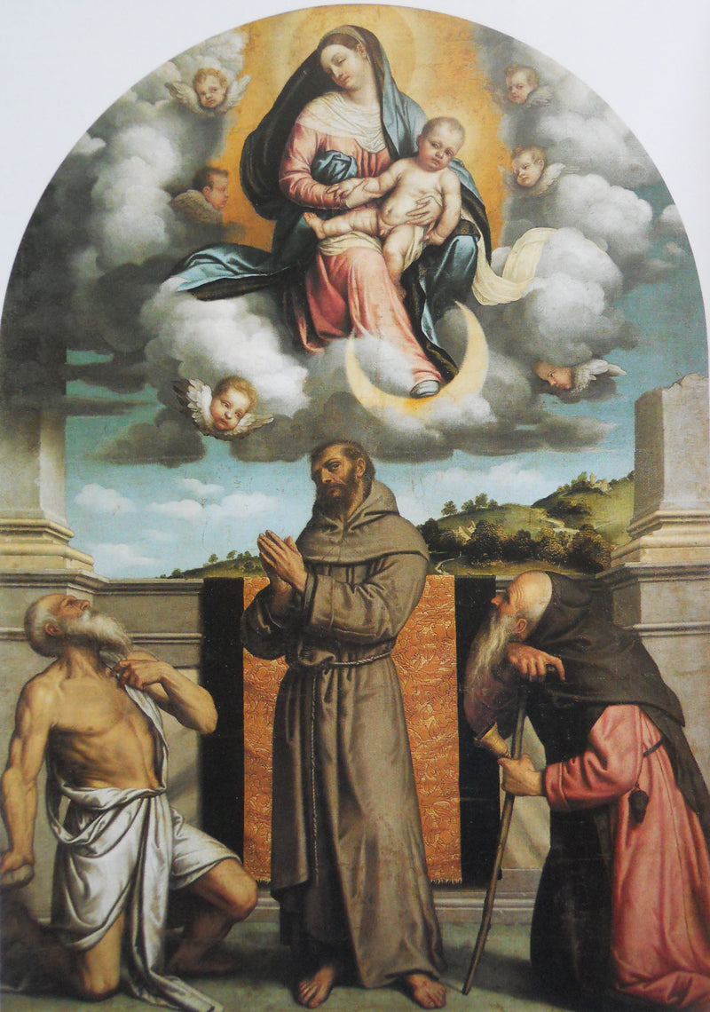 Jomfru med barnet i herlighed med Sankt Jerome, Sankt Frans af Assisi og Sankt Antoine Abbed - Alessandro Bonvicino
