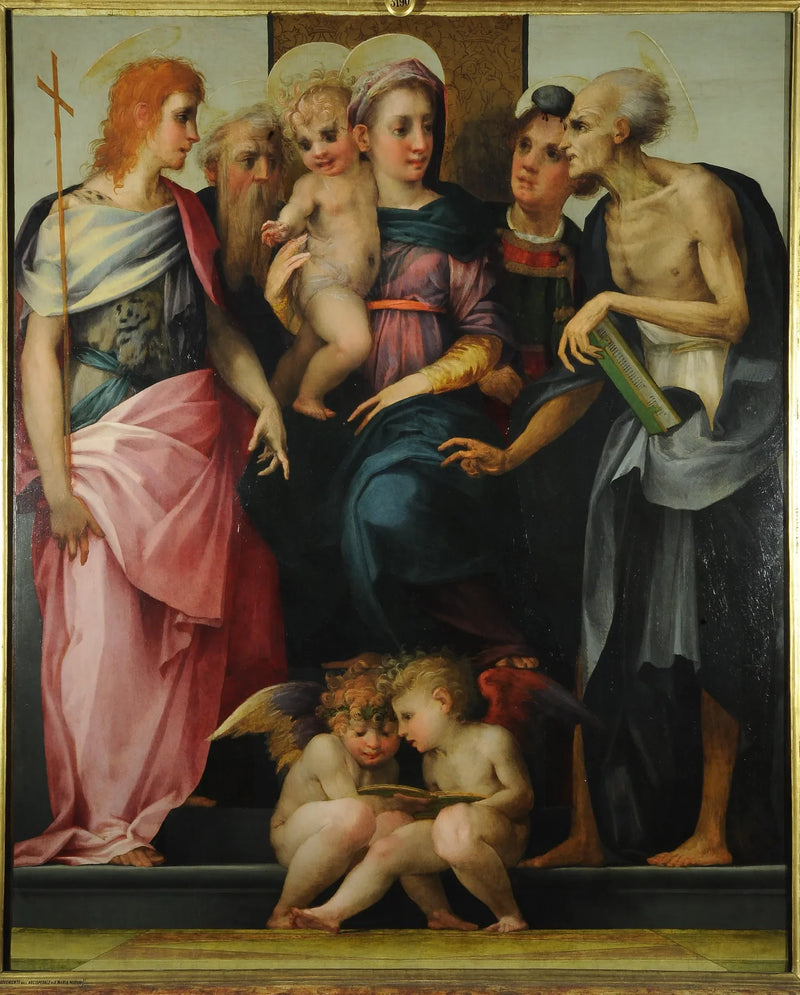 Jomfru med barnet i majestæt med helgenerne Johannes Døberen, Abbed Antoine, Stefan og Jerome - Rosso Fiorentino