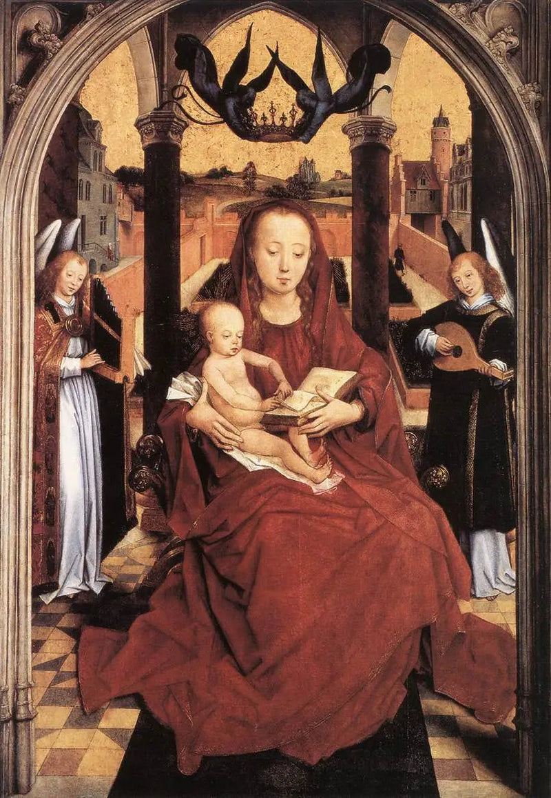 Jomfru med barnet på trone med to musikerengle - Hans Memling
