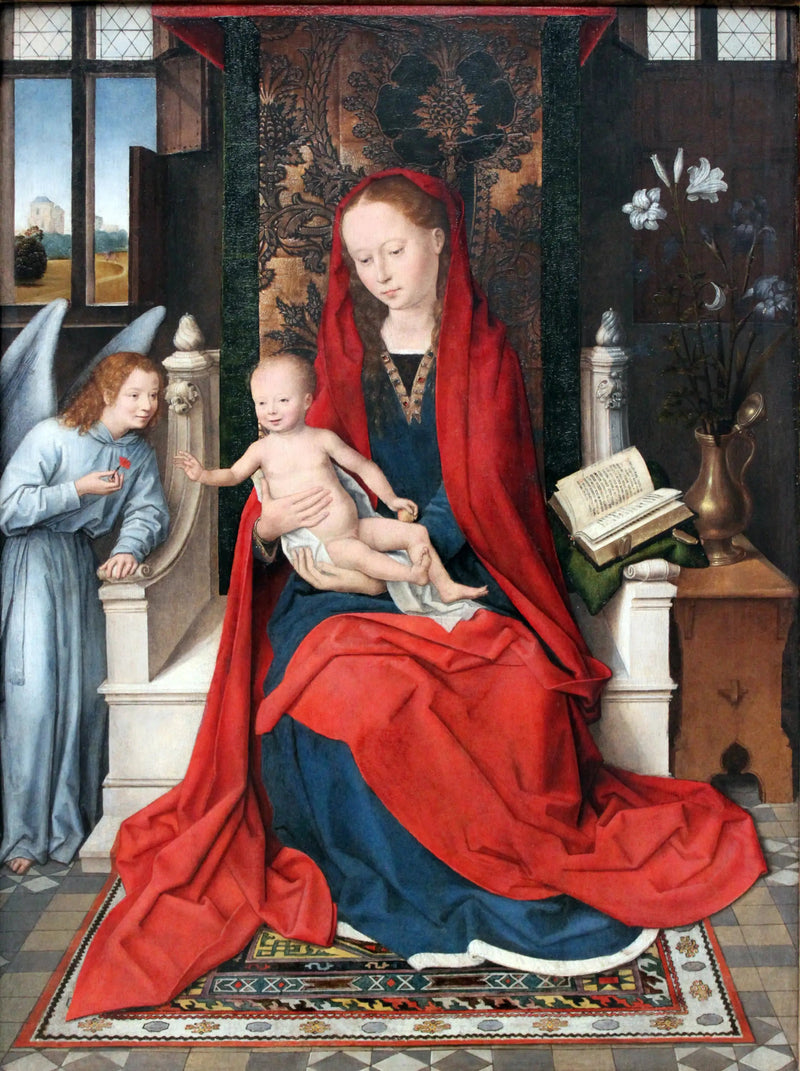 Jomfru med barnet på trone med en engel - Hans Memling