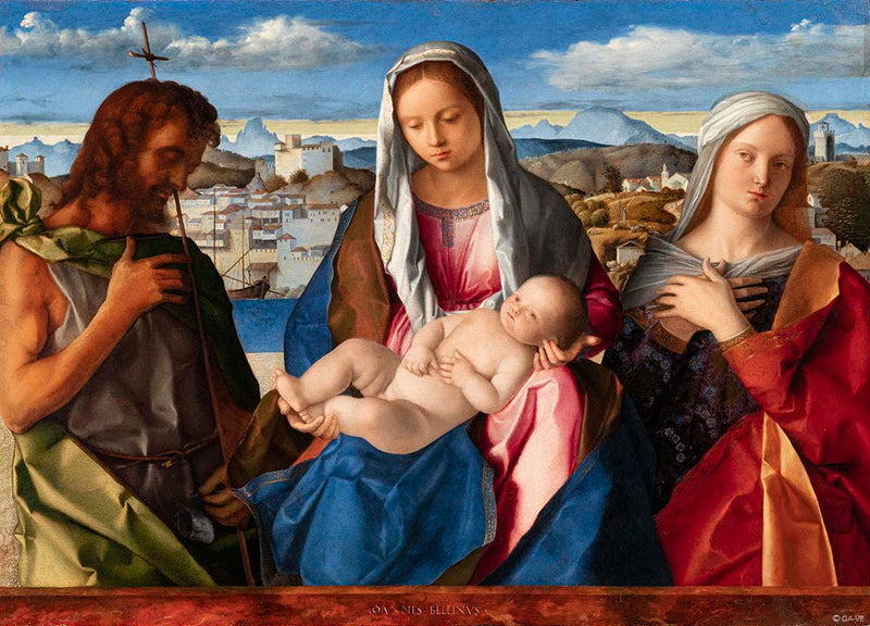 Jomfru og Barn omgivet af Sankt Johannes Døberen og en helgen - Giovanni Bellini