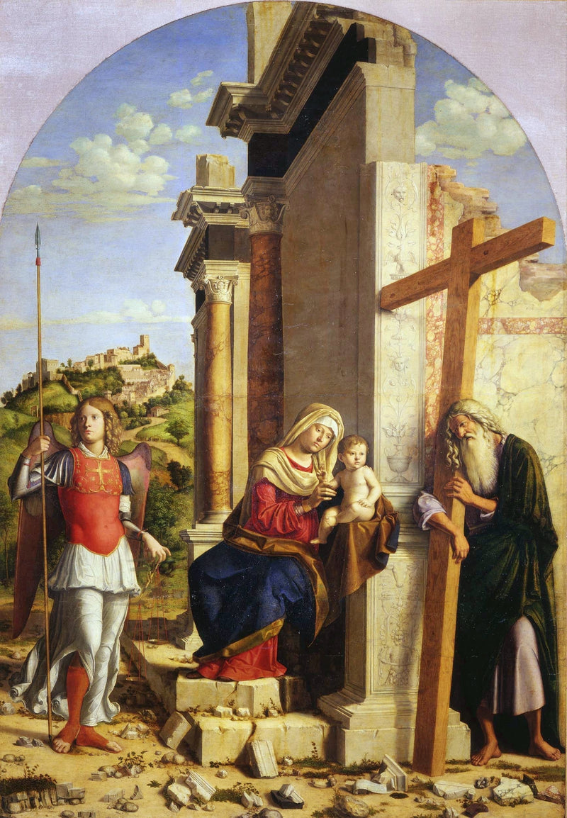 Jomfru med barnet mellem ærkeenglen St. Michael og apostlen St. Andreas - Cima da Conegliano