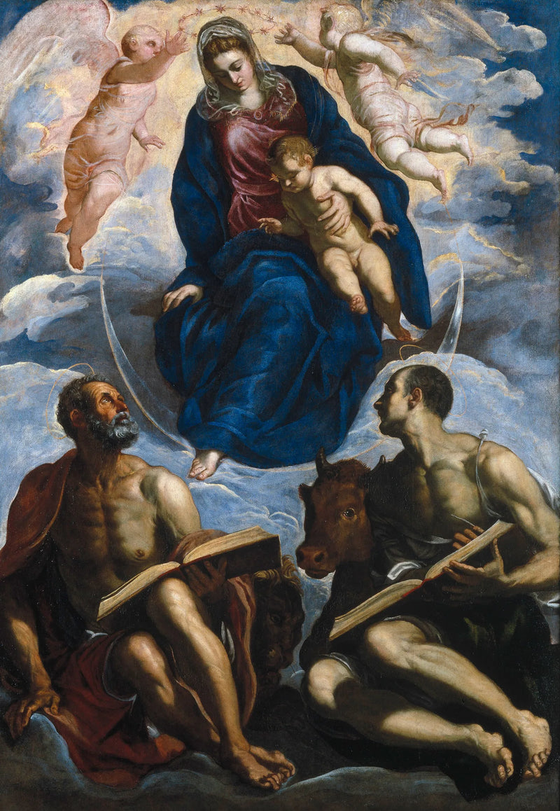 Jomfru med barnet, Sankt Markus og Sankt Lukas - Jacopo Tintoretto
