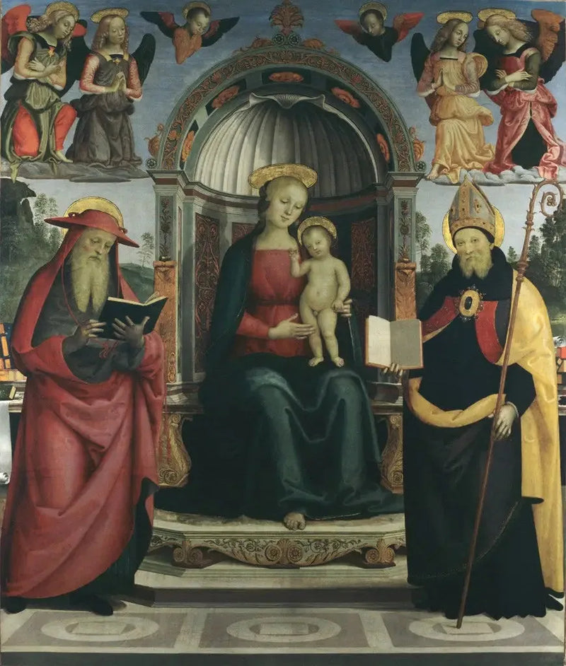 Jomfru med Barnet på tronen mellem Sankt Jerome, Sankt Augustin, fire engle og to keruber - Pietro Perugino