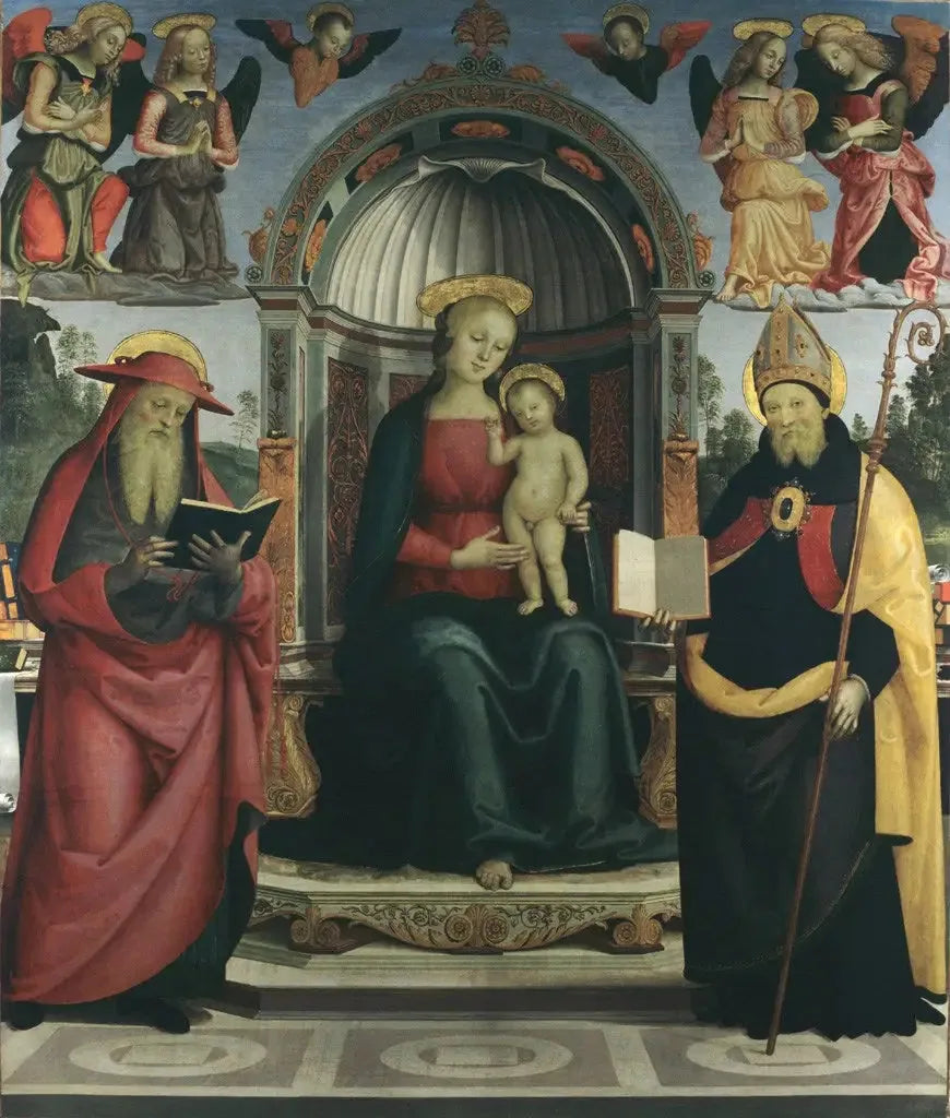 Jomfru med Barnet på tronen mellem Sankt Jerome, Sankt Augustin, fire engle og to keruber - Pietro Perugino