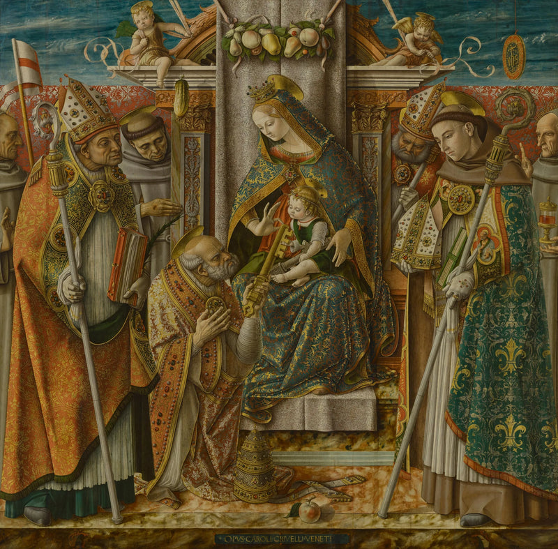 Jomfru med barnet, der sidder på en tron med helgener - Carlo Crivelli