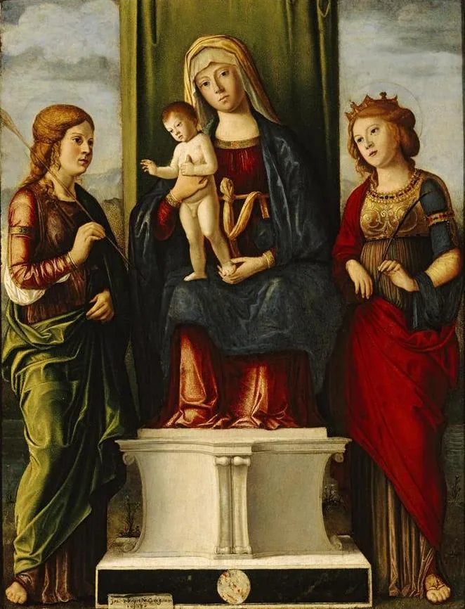 Jomfru med barnet, siddende med to jomfruer-martyrier - Cima da Conegliano