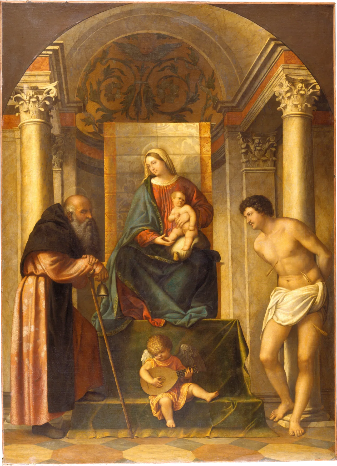 Vierge à l'Enfant trônant avec saint Antoine l'Abbé et saint Sébastien - Alessandro Bonvicino image 1 reproduction réalisée par Alpha Reproduction