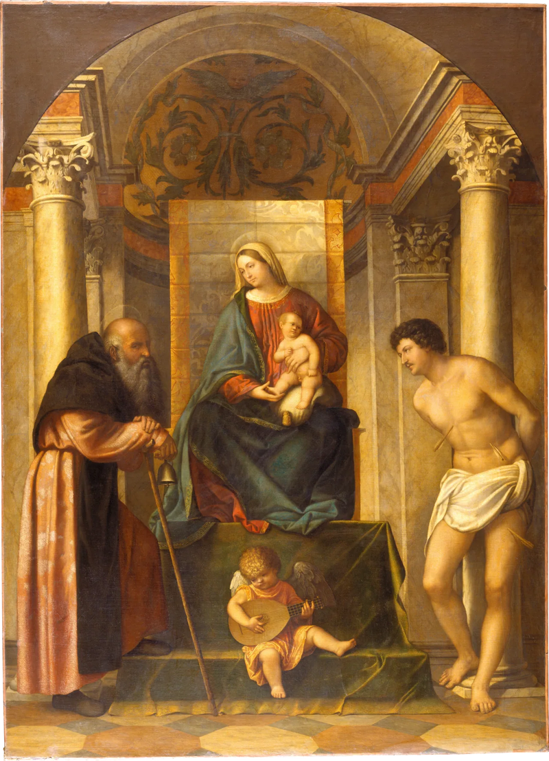 Jomfru med barnet, der sidder på en tron, sammen med Sankt Antonius den Hellige og Sankt Sebastian - Alessandro Bonvicino