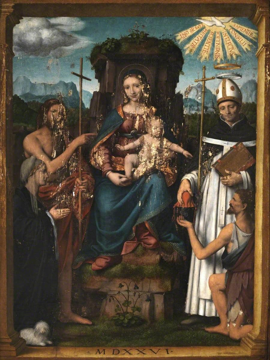 Jomfru med barnet, der sidder på tronen med Sankt Johannes Døberen, Sankt Antonin, en donator og en tigger - Bernardino Luini
