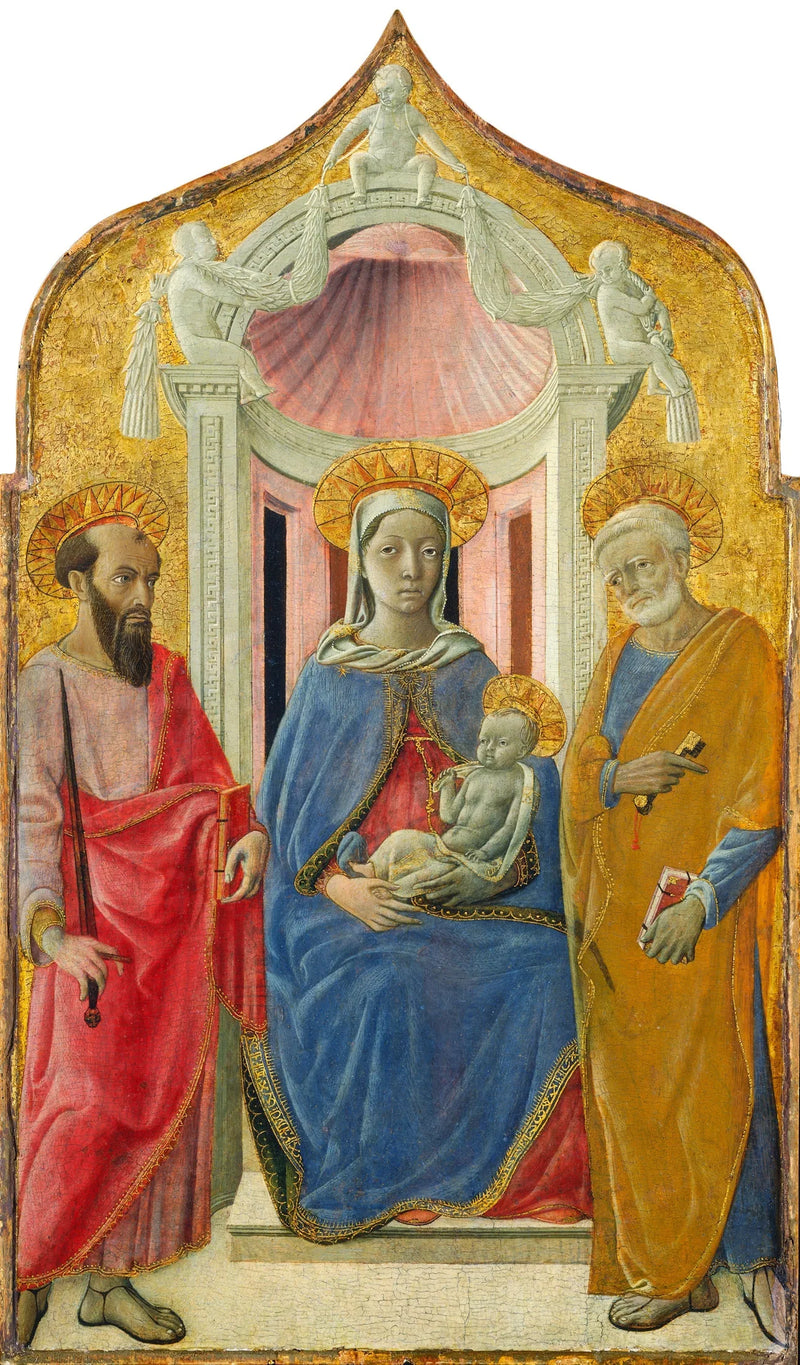 Jomfru med barnet, der sidder på en tron med Sankt Peter og Sankt Paul - Domenico di Bartolo