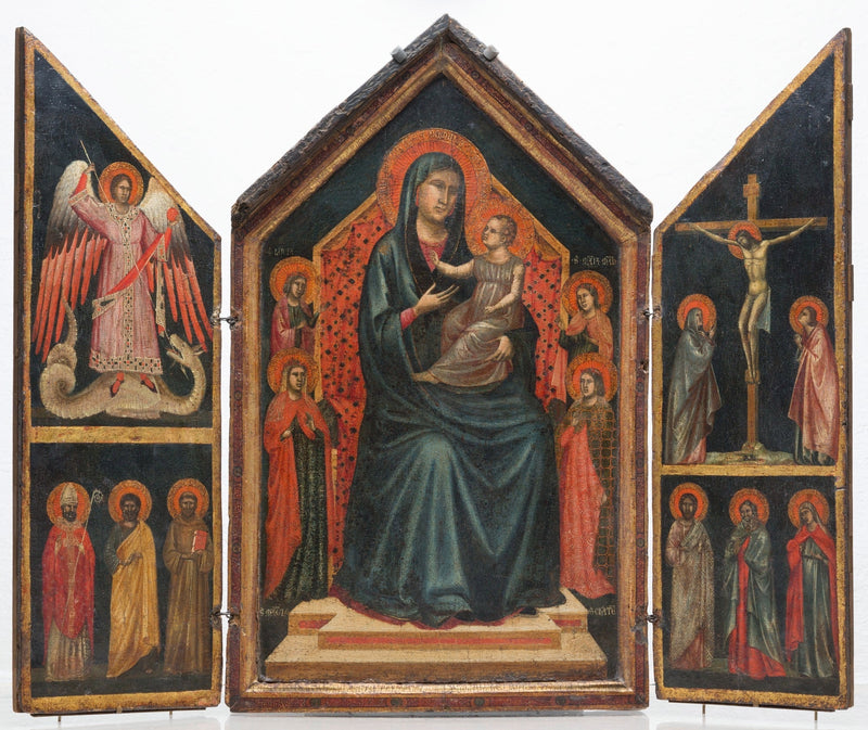 Jomfru med barnet, der sidder på en tron med helgenerne Lucia, Margrethe, Maria Magdalene og Katharina af Alexandria - Mester af Sankt Cecilia
