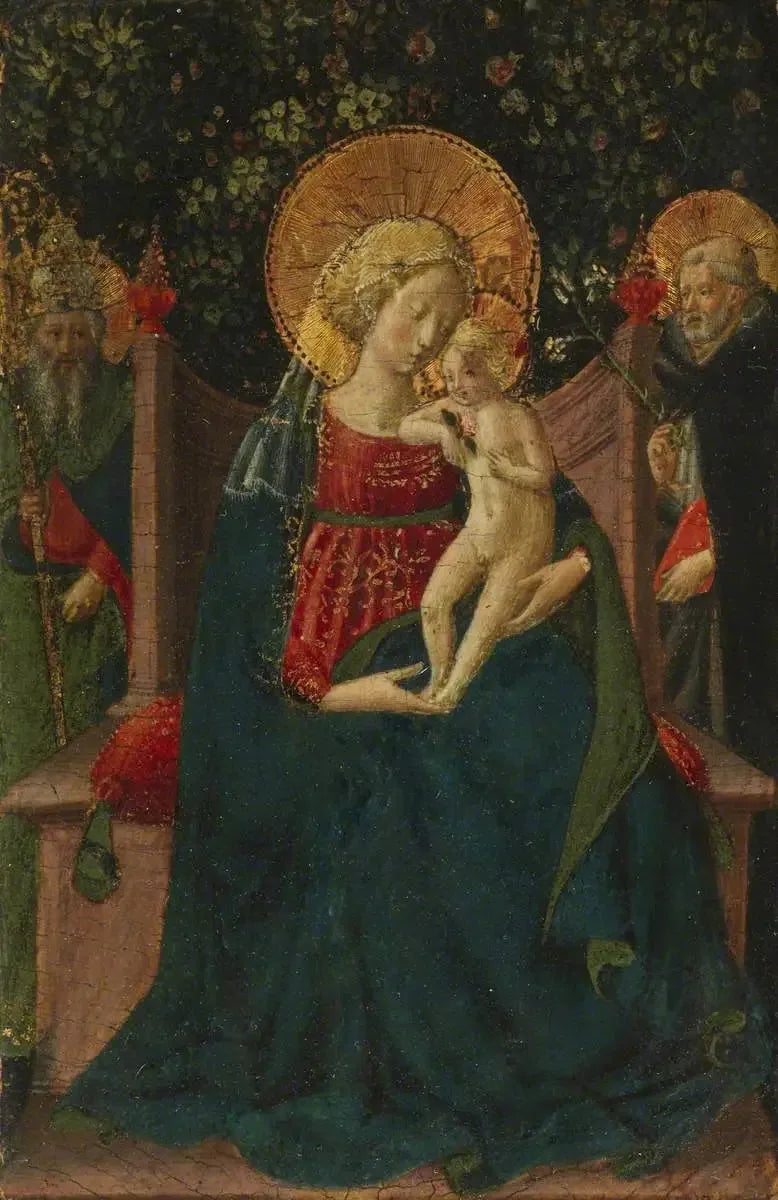 Jomfru med Barnet, siddende mellem Sankt Dominikus og en helgenpave (tidligere tilskrevet Domenico di Michelino) - Benozzo Gozzoli