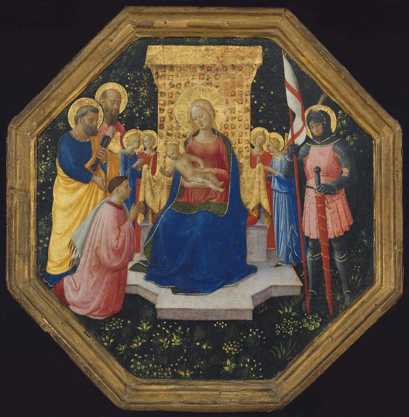 Jomfru med Barnet på tronen med de hellige Peter, Paul og Georg (?), fire engle og en donator - Fra Angelico
