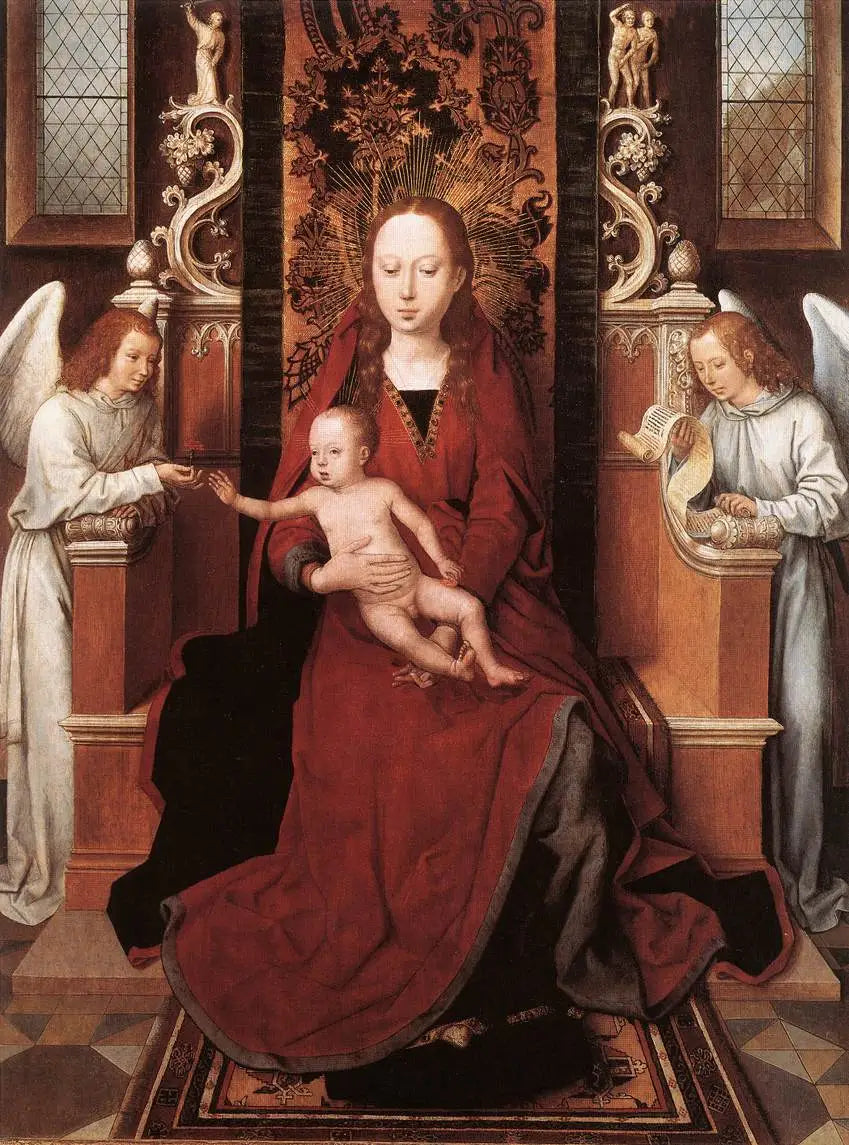 Jomfru på trone med Barnet og to engle - Hans Memling