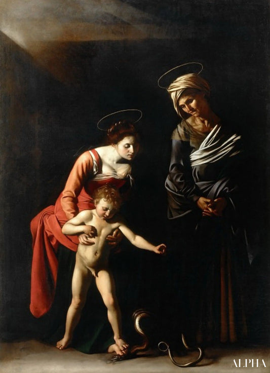 Jomfru og barn med en slange - Caravaggio - Reproduktioner af malerier og højkvalitets malerier