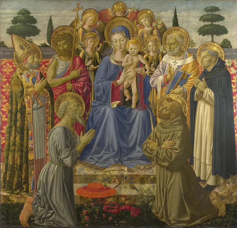 Jomfru og Barnet, der sidder på tronen blandt engle og helgener - Benozzo Gozzoli