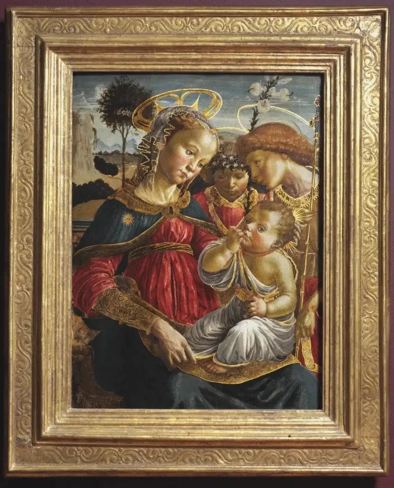 Jomfruen, Sankt Johannes Døberen og en engel, der tilbereder Jesusbarnet - Sandro Botticelli
