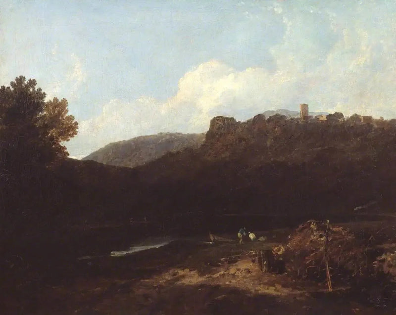 Udsigt i Wales: Bjergscene med Landsby og Slot - Aften - J. M. W. Turner