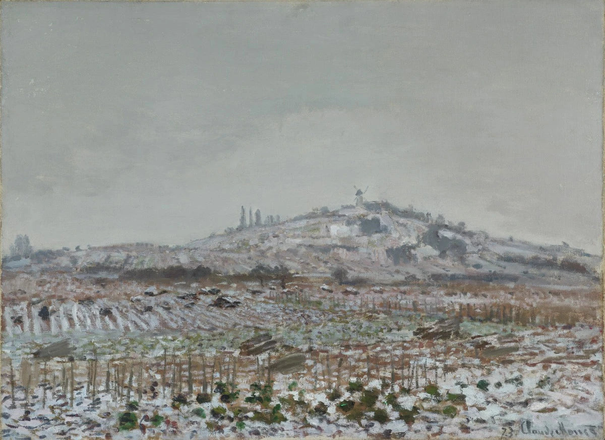 Vignes sous la neige, vue vers le moulin d’Orgemont W254 par Claude Monet, 1873, Virginia Museum of Fine Arts