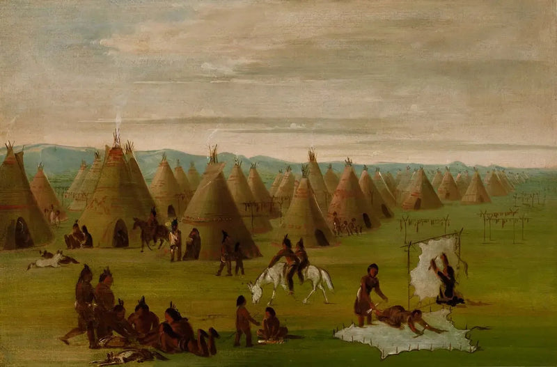 Village comanche, kvinder der forbereder deres kjoler og tørrer kødet - George Catlin