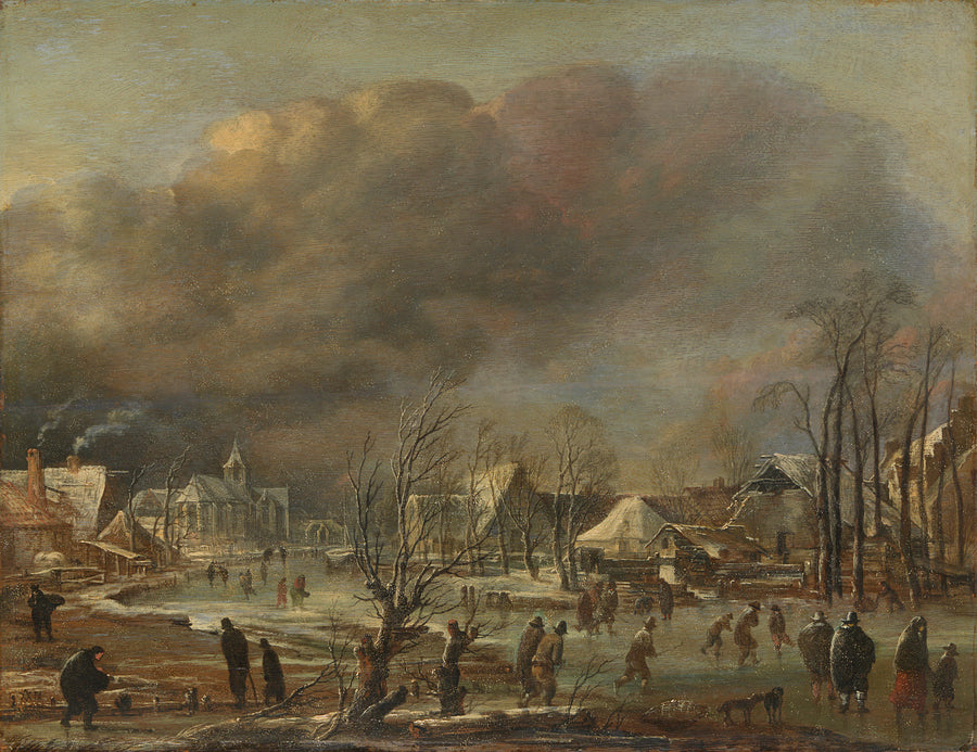 Village sur un canal gelé lors d'une averse de neige - Artiste inconnu du Rijksmuseum