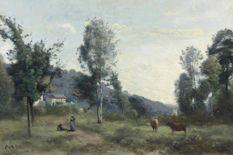 Ville d'Avray, græsareal med, i baggrunden, en bakke i tåge - Jean-Baptiste Camille Corot
