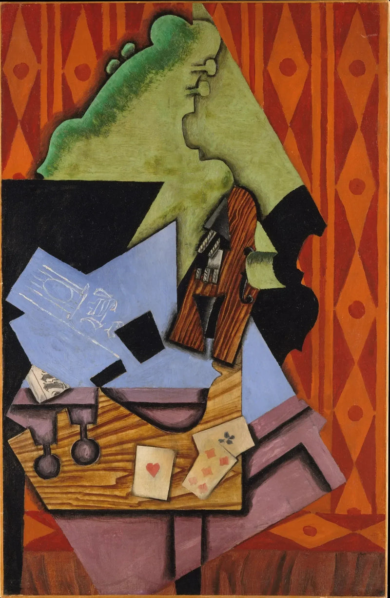 Violon og spillekort på et bord - Juan Gris