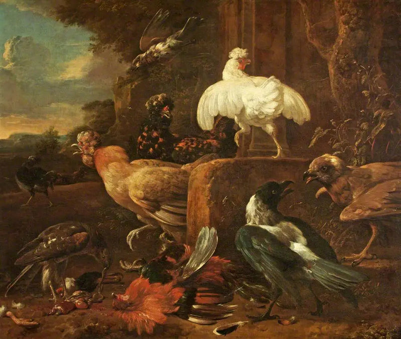 Fjerkræ angrebet af rovfugle i et landskab - Melchior de Hondecoeter