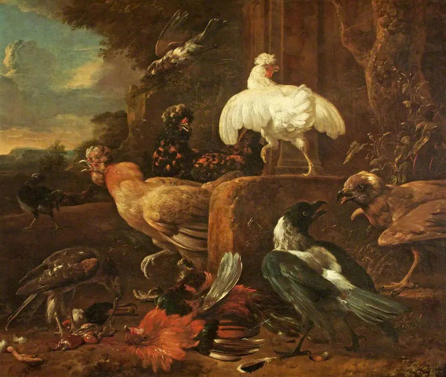 Fjerkræ angrebet af rovfugle i et landskab - Melchior de Hondecoeter
