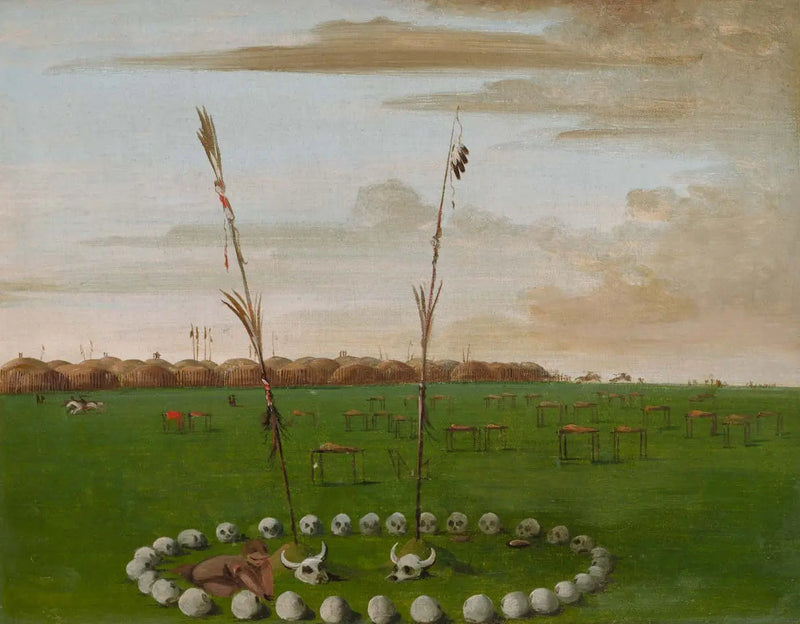 Bagudvendt udsigt over Mandan-landsbyen, der viser kirkegården - George Catlin