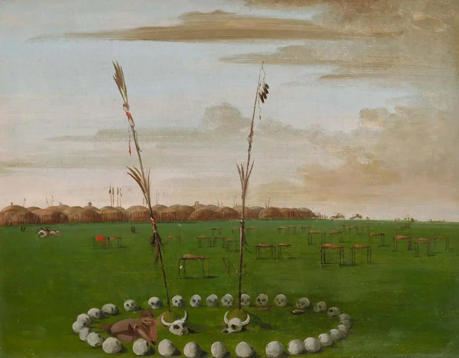 Bagudvendt udsigt over Mandan-landsbyen, der viser kirkegården - George Catlin