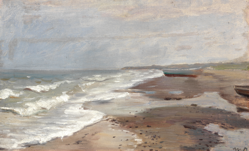 Kystudsigt fra Skagen strand med fiskerbåde på kysten. - Michael Peter Ancher
