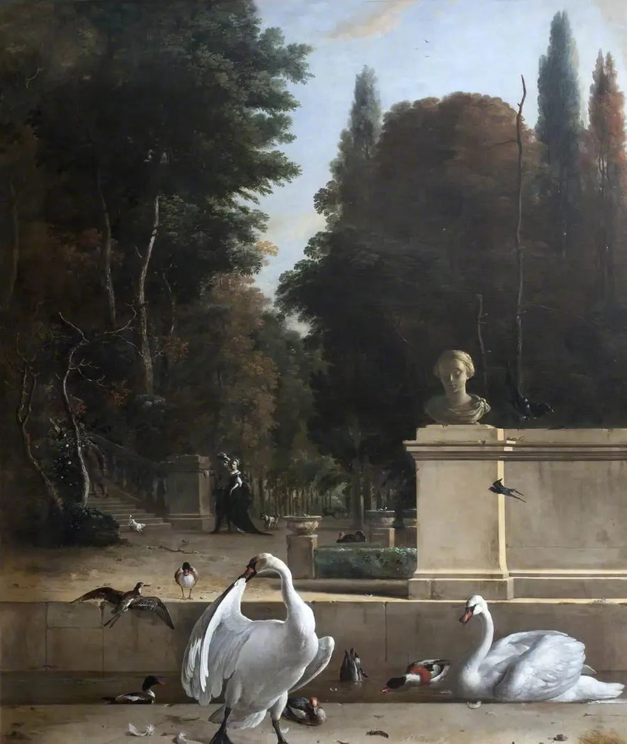 Udsigt over en park med svaner og ænder - Melchior de Hondecoeter