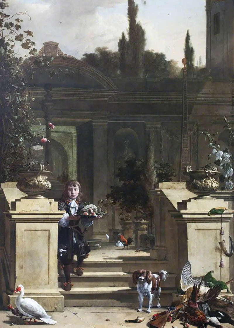 Udsigt fra en terrasse med en nedadgående side - Melchior de Hondecoeter