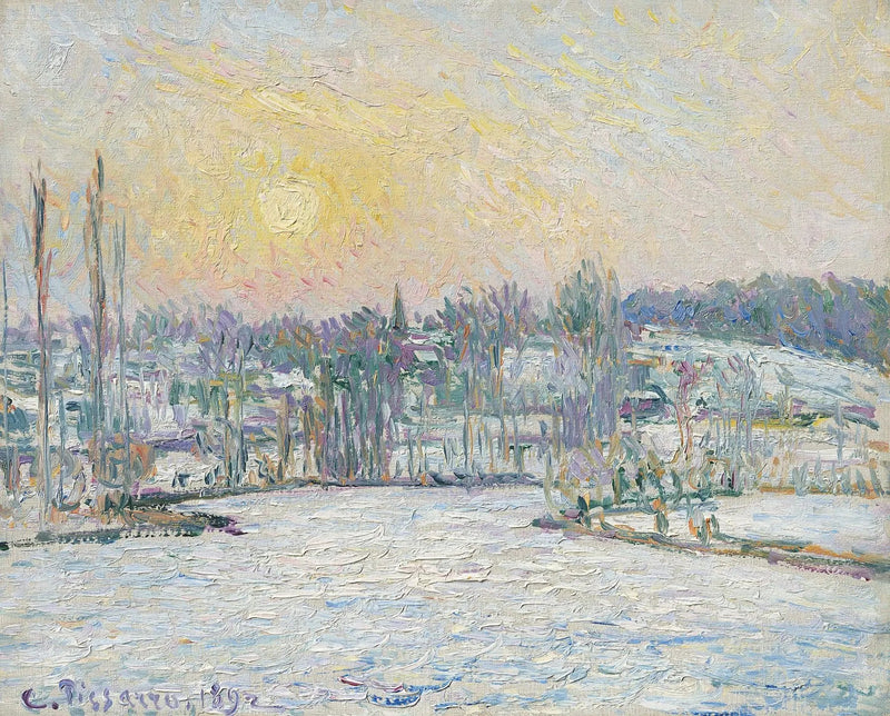 Udsigt over Bazincourt, sneeffekt, solnedgang - Camille Pissarro