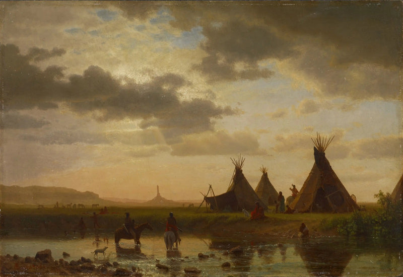 Udsigt over Chimney Rock, Sioux-landsbyen Ohalilah i forgrunden - Albert Bierstadt