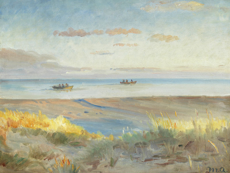 Udsigt over Skagen strand ved solnedgang. Fiskere i robåde på havet. - Michael Peter Ancher