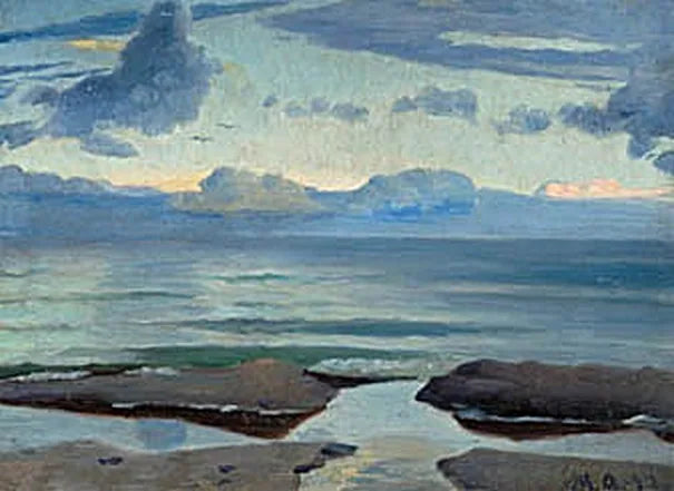 Udsigt over Skagen strand med måger i horisonten, tidlig aften. - Michael Peter Ancher
