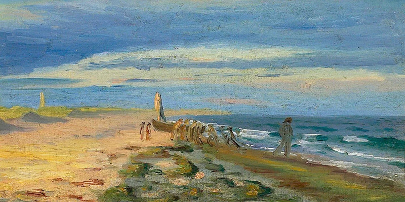 Udsigt over Skagen strand med mennesker ombord på en båd. Skagen fyr står i baggrunden. - Michael Peter Ancher